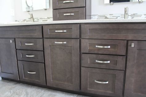 Shaker II Maple Charcoal drawer stacks and waste basket Stained Bathroom Vanity, Buddha Bathroom, Pull Out Laundry Hamper, Grey Stained Kitchen Cabinets, Small Bathroom Pictures, Future Bathroom, Stained Kitchen Cabinets, Infrarot Sauna, Maple Kitchen Cabinets