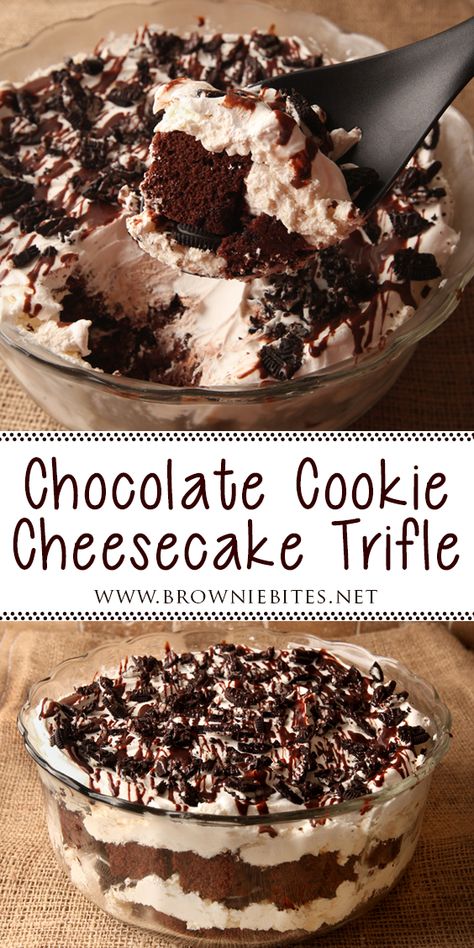 Cookies And Cream Trifle, Chocolate Chip Cookie Trifle, Oreo Cheesecake Trifle, Sugar Cookie Trifle, Chocolate Cookie Desserts, Cheesecake Trifle Desserts Easy, Cheesecake Trifle Recipes, Brownie Cheesecake Trifle, Trifle Recipes Chocolate