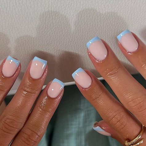 𝐦𝐞𝐥𝐢𝐬𝐬𝐚 on Instagram: "santorini ready🦋🐬 #gelbottleinc #gelbottledoubledenim #bluenails #bluenailart #frenchnails #surreynails #nailsofinstagram" Santorini Nails, French Polish, Blue Tips, Blue Nail Art, Cute Acrylic Nail Designs, Birthday Nails, Blue Nails, Acrylic Nail Designs, French Nails