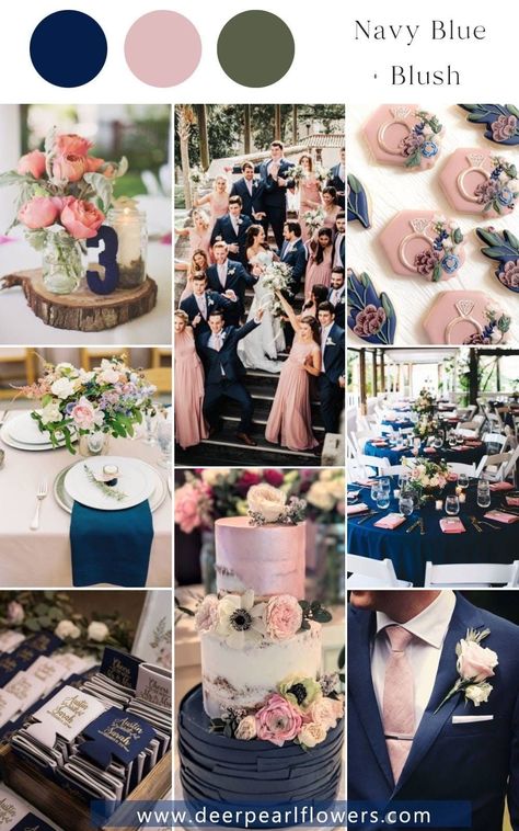 Navy Blue And Champagne Wedding Colors Bridesmaid Dresses, Unique Wedding Theme Colours, Rose Gold And Sapphire Wedding Colors, Navy Sage Pink Wedding, Ivory Blush Pink And Navy Wedding, Navy Blue Pink Wedding Color Schemes, Navy Blue Pink Gold Wedding, Blush Pink And Blue Wedding Decor, Navy And Blush Fall Wedding