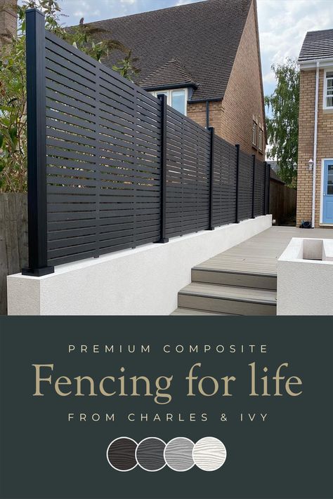 Our Aspen slatted screen premium composite fence screen paired with our high-grade aluminium fence posts create an elegant, versatile, and eco-friendly fencing solution. Not only is this fencing responsibly sourced, it is also durable, long-lasting and requires no maintenance or painting. Driveway Screening Ideas, Fence Black Metal, Garden Metal Fence, Aluminum Slat Fence, Black Metal Fencing, Black Composite Fence, Composite Fence Panels, Black Metal Fence Backyard, Aluminium Fence Ideas