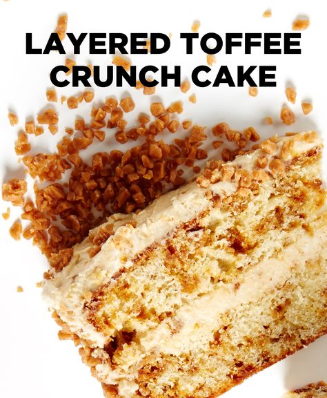 In this Layered Toffee Crunch Cake, buttery toffee bits are baked into moist… Toffee Crunch Cake, Toffee Crunch, Toffee Cake, Creamy Frosting, Moist Vanilla Cake, Cracker Toffee, Crunch Cake, Layer Cake Recipes, Toffee Bits