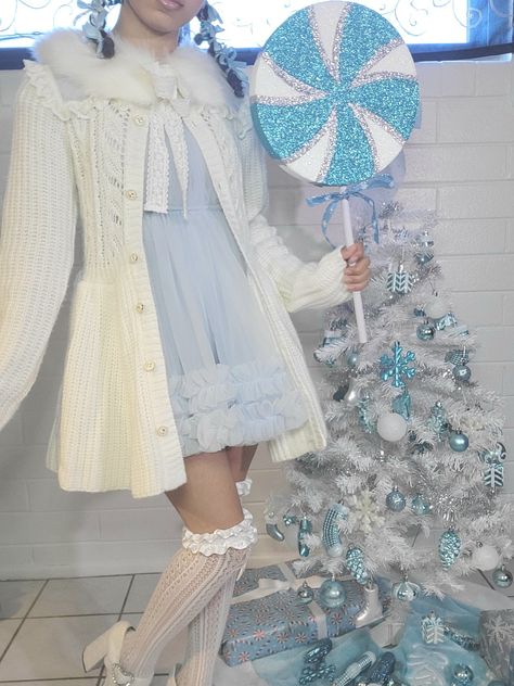 Winter fairy dollete outfit, blue christmas tree, hyper feminine outfit, princess core, angelcore Winter Wonderland Theme Dress, Ice Princess Outfit Ideas, Winter Theme Dress, Snow Inspired Outfits, Christmas Elf Outfit Aesthetic, Heaven Moodboard, Winter Wonderland Theme Outfit, Winter Themed Outfits, Princess Core Outfit Winter