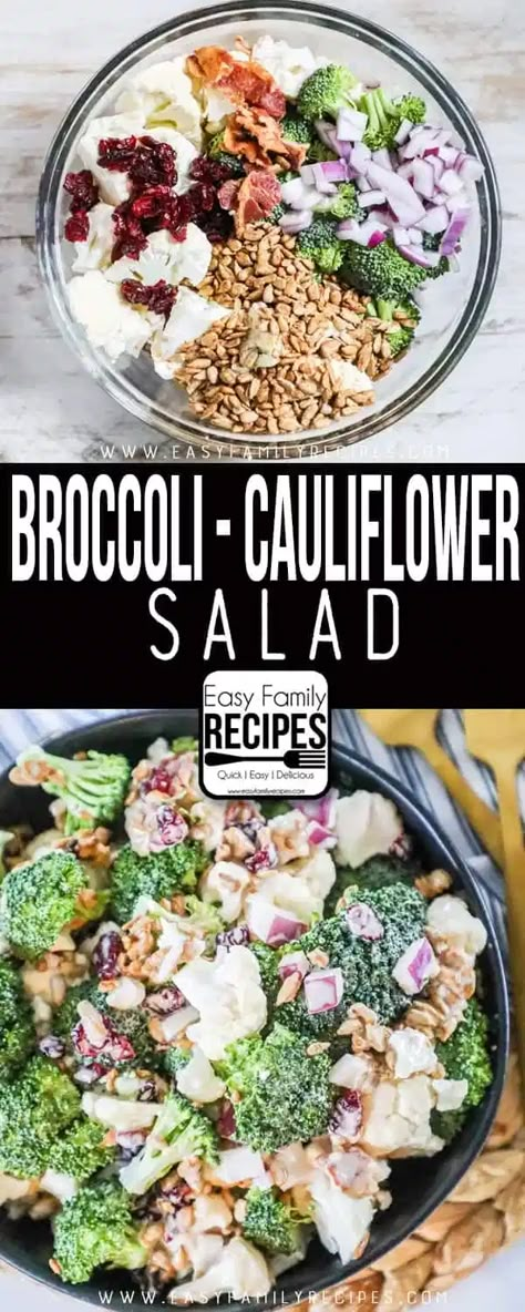 {BEST EVER} Broccoli Cauliflower Salad · Easy Family Recipes Brocoli And Cauliflower Salad, Brocoli And Cauliflower, American Meals, Cauliflower Salad Recipe, Sauteed Asparagus, Salad Broccoli, Delicious Broccoli, Broccoli Cauliflower Salad, Broccoli Salad Recipe