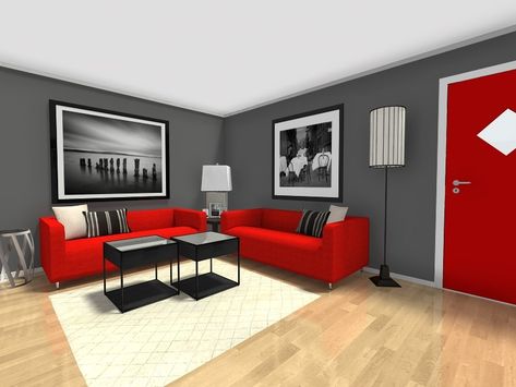 Small Room Ideas - Open Living and Dining Room Furniture Layout Living Room Design Black, Red Sofa Living, Red Living Room Walls, Grey And Red Living Room, Red Furniture Living Room, Red Sofa Living Room, Small Room Paint, Red Living Room Decor, Grey Walls Living Room