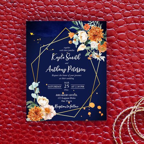 $1.33 | Budget navy blue orange white roses wedding invite #floral, wedding invitation template, watercolor, elegant, budget invite, gold frame, navy blue, sage greenery, burn orange flowers, white roses Flowers White Roses, Orange Weddings, Sage Eucalyptus, Burn Orange, Popular Wedding Invitations, Burnt Orange Weddings, White Roses Wedding, Budget Wedding Invitations, Frame Floral