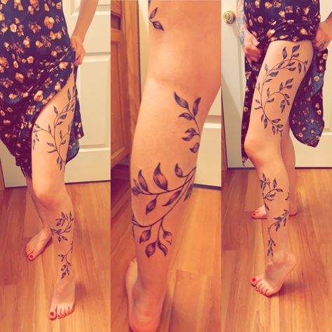 Ivy Leg Tattoo Vines, Long Stem Flower Tattoo Leg, Rose Vine Leg Tattoo, Leg Tattoos To Cover Veins, Vine With Names Tattoo, Leaf Vine Wrap Around Tattoo Leg, Floral Vine Tattoos Leg, Vines Around Leg Tattoo, Vine Tattoo Down Leg