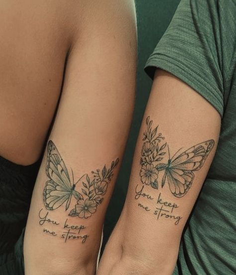 Sister Friend Tattoo Ideas, Unique Matching Sister Tattoos, Daughter Sleeve Tattoos For Mom, Tattoos For Besties Friendship, Butterfly Split In Half Tattoo, Mother Daughter Strength Tattoos, Butterfly Friend Tattoo, Daughter Quotes From Mom Tattoo, Women Tatoos Ideas Arm