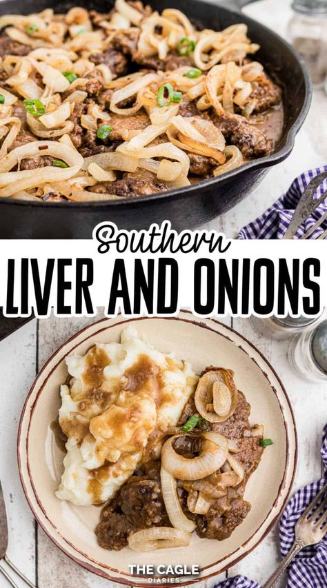 A delicious southern recipe for liver and onions with gravy. Homemade and comforting - the recipe hasn't changed much. It's still grandma's recipe. Liver And Onions With Gravy, Beef Liver And Onions Recipe, Gravy Homemade, Southern Cooking Recipes, Classic Southern Recipes, Old Fashioned Recipe, Southern Breakfast, Over Mashed Potatoes, Southern Recipe