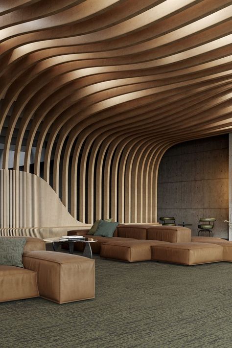 Google Interior Design, Curved Interior Architecture, Commercial Ceiling Ideas, Google Design Ideas, Acoustical Ceiling Panels, Biomorphic Interior Design, Acoustical Ceiling Design, Museum Lobby Design, Wood Ceiling Interior