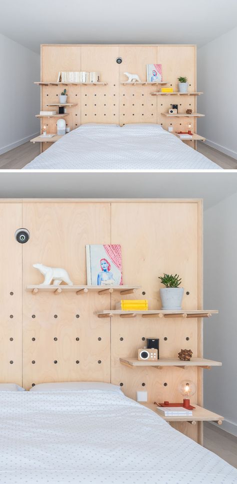 This modern apartment uses minimalist wood pegboard walls in the living room and master bedroom to create shelving for flexible displays and storage. #PegboardWall #Pegboard #InteriorDesign #Shelving Bedroom Modern Apartment, Apartment Shelves, Wood Pegboard, Peg Board Walls, Best Bedroom Designs, Shelves Ideas, Bookshelves Diy, Shelves In Bedroom, Bedroom Modern