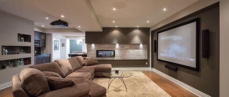 Design a home theatre with immersive sound but no wires in sight. All wires need to be at least 2.5 cm from any pipes or duct work, so talk to your Licensed Electrical Contractor about the electrical requirements to safely hide the wires before closing up the walls. Basement Home Theater, The Big Comfy Couch, Home Theater Furniture, Tv Area, Floor Lighting, Best Home Theater, Home Theater Setup, Audio Installation, Home Theater Rooms