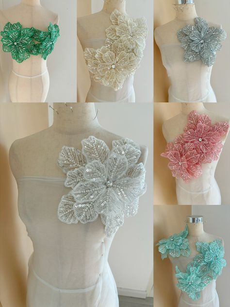 3D Lace Applique, heavy embroidered bodice lace applique, lace bodice for bridal dress altering with 3D florals, bridal lace applique SUPER GORGEOUS!  Highly recommended for bridal headpiece, hair flower , bridal gown applique  HIGHLY RECOMMENDED ✿✿ＭＡＴＥＲＩＡＬ✿✿  see photo in green ✿✿ＣＯＬＯＲ✿✿ ✿✿ＱＵＡＮＴＩＴＹ✿✿ This listing is for 5 pieces as seen in the picture SIMILAR ITEMS: https://www.etsy.com/listing/579490931/navy-blue-lace-applique-heavy-bead-lace?ref=shop_home_active_1 https://www.etsy.com/listing Flower Applique Dress, Gown Applique, Flowers Applique, Bead Lace, Applique Lace, Bodice Applique, Bead Flowers, Embroidered Bodice, Hair Flower