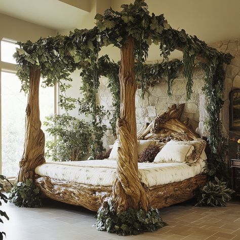 The Living Forest Canopy Bed brings the serenity of nature indoors, featuring a canopy designed to resemble tree branches adorned with lifelike greenery. Crafted from sustainably sourced wood, the bed’s natural finish and subtle lighting create a calming, immersive atmosphere, making it a perfect sanctuary for relaxation. Tree Bed Frame, Tree Bedframe, Forest Canopy Bed, Moss Bed, Forest Bed, Wood Canopy Bed, Tree Bed, Dream Bedroom Inspiration, Forest Canopy