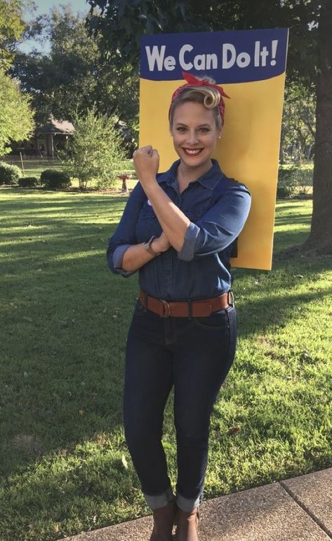 You Can Do It Costume, Rosy The Riveter Costume, Rosie The Riveter Hairstyle, Rosy The Riveter, Rosie The Riveter Hair, Rosie The Riveter Halloween, Rosie The Riviter, Decades Outfits, Rosie The Riveter Costume