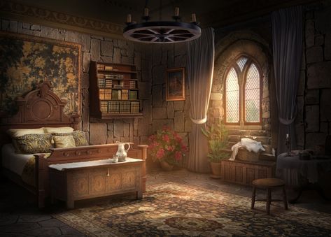 Medieval Bedroom Art, Fantasy Medieval Bedroom, Medieval Houses Interior, Medieval Fantasy House Interior, Fantasy Dorm Room Concept Art, Fantasy Art Interior, Medieval Castle Bedroom, Dnd Bedroom, Fantasy Bedroom Concept Art