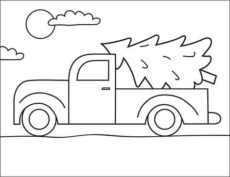 Truck With Christmas Tree Coloring Page, Truck With Christmas Tree Drawing, Christmas Truck Drawing Easy, Simple Truck Drawing, Truck Drawings Easy, Drawing Christmas Easy, Christmas Truck Drawing, Diy Christmas Drawings, Easy Christmas Embroidery Patterns