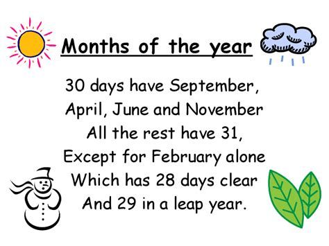 poem about the months of the year 30 Days Has September Poem, Months Of The Year Rhymes, Months Of The Year Song, Prek Songs, Science Poems, Spring Poetry, Preschool Poems, Cute Clip Art, Maths Resources