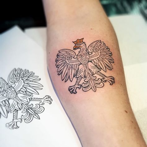 Polish Tattoo Ideas, Polish Eagle Tattoo, Small Crescent Moon Tattoo, Poland Tattoo, Slavic Tattoo, Polish Tattoos, Polish Flag, Polish Eagle, Shin Tattoo