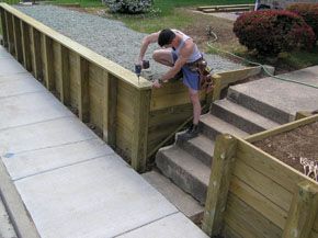 Sleeper Retaining Wall, Diy Retaining Wall, Wood Retaining Wall, Backyard Retaining Walls, Building A Retaining Wall, Garden Retaining Wall, Sloped Backyard, Handyman Projects, Landscaping Retaining Walls