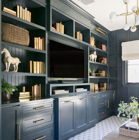 home office built ins or living room builtins in navy cabinets Home Office Built Ins, Navy Cabinets, Built In Bookshelves, Office Built Ins, Built In Shelves Living Room, Living Room Built Ins, Muebles Living, Flat Screen Tv, Built In Bookcase