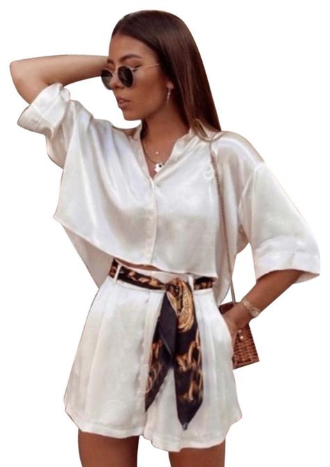 Vacation Shorts, Pajama Style, Shorts With Belt, Suit White, White Pajamas, Jeffrey Campbell Shoes, Silky Scarf, Pleated Shorts, Light Cream