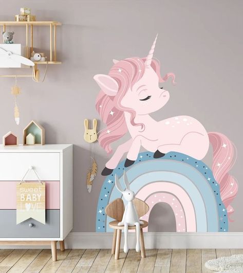 Unicorn wall decal, unicorn vinyl decal by KiraArtDecals. Princess room decor, unicorn on rainbow, unicorn birthday decor, girl nursery decal, rainbow decal. When it comes to nursery room decoration, there is so much to choose from, it can be a little bit overwhelming. Nursery is your baby’s first room, so it’s important to be thoughtful and consider even the smallest things. Rainbow And Unicorn Bedroom, Unicorn And Rainbow Bedroom, Rainbow Unicorn Room, Unicorn Baby Room, Unicorn Birthday Decor, Unicorn Kids Room, Unicorn Wall Mural, Nursery Decals Girl, Nursery Room Decoration