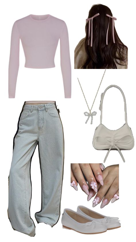 Outfit inspo for a cute n simple “coquette” vibe with accessories  #coquette #simple #pink #bows #ribbon #balletflats #basicfit #basic #bluejeans Bows Ribbon, Pink Bows, Basic Fits, Ballet Flats, Blue Jeans, Ribbon, Outfit Inspo, Pink