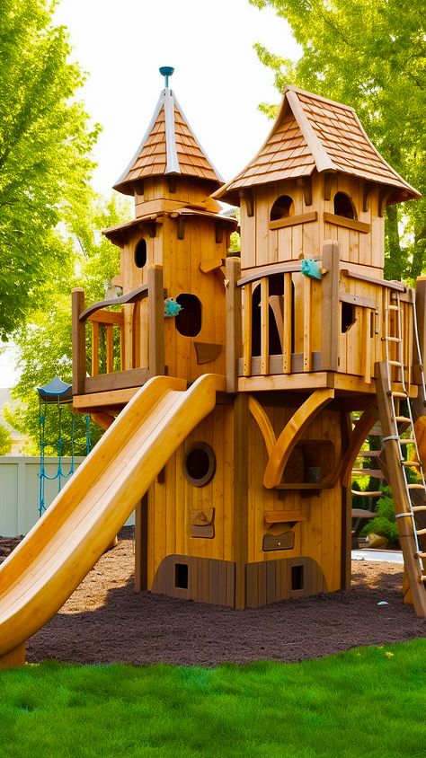 Play Castle Outdoor, Castle Playhouse Outdoor, Castle Tree House, Castle Playhouse Plans, Playhouse Plans Diy, Castle Structure, Castle Playground, Rooster House, Rustic Castle