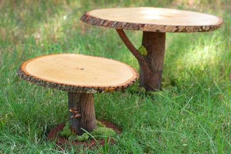 DIY Project: Rustic Wooden Cake Stands from the Cornish Fairy Party | Tikkido.com Woodland Fairy Party, Diy Cake Stand, Diy Stool, Wooden Cake Stands, Deco Nature, Wooden Cake, Fairy Party, Dessert Stand, Wedding Cake Stands