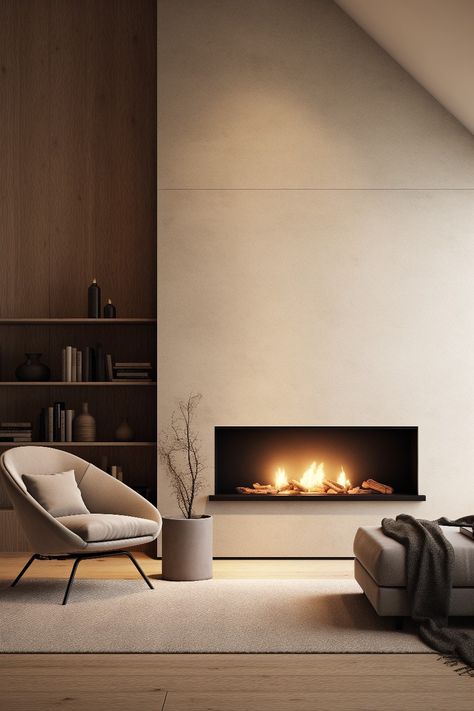 This fireplace is perfect for anyone who appreciates simple minimalistic design. The plain white fireplace has a stylish rectangular opening. The wooden floor is simple and natural with a light tone. A thick carpet ties the soft grey chair and footrest together. The darker wooden bookshelf is integrated to the wall. A concrete plant pot with a dry branch create a modern brutalist detail. The cozy blanket makes you want to snuggle in front of the fireplace. Minimalistic Fireplace, Minimal Fireplace, Fireplace Room, Concrete Plant Pots, Wooden Bookshelf, Dry Branch, Concrete Fireplace, White Fireplace, Wood Bookshelves