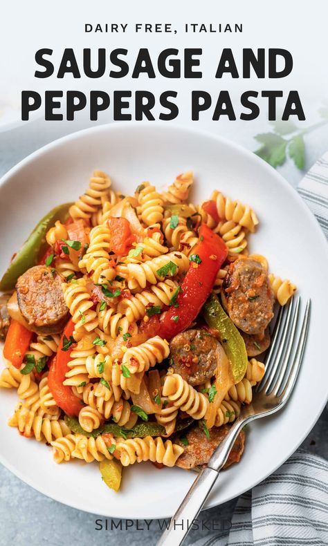 Italian Sausage And Peppers Pasta, Peppers Pasta, Sausage And Peppers Pasta, Italian Sausage And Peppers, Turkey Sausage Recipes, Sausage Peppers And Onions, Dairy Free Recipes Easy, Sausage Pasta Recipes, Dairy Free Pasta