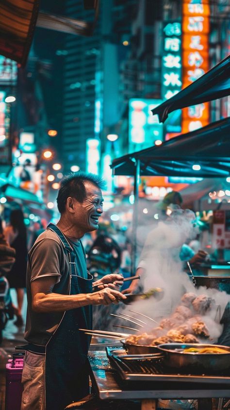 Street Food Vendor: A bustling night market scene captures a street food vendor cooking amidst neon-lit signboards. #street #food #vendor #night #market #aiart #aiphoto #stockcake ⬇️ Download and 📝 Prompt 👉 https://ayr.app/l/LD8A Night Market Photography, Street Vendor Photography, Food Market Photography, Food Festival Photography, Street Food Aesthics, Food Street Photography, Street Market Photography, Street Food Photography, Food Skewers