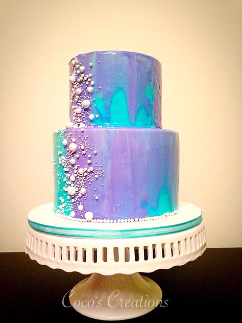 Teal and purple mirror glazed 2 tier cake by Coco's Creations Ottawa 2 Tier Teal Birthday Cake, 2 Tier Mirror Glaze Cake, Combed Cake Design, Blue And Purple Marble Cake, Teal And Purple Birthday Cake, Teal And Purple Party Decorations, Purple And Teal Cake, Blue And Purple Cake, Cake 2 Tier