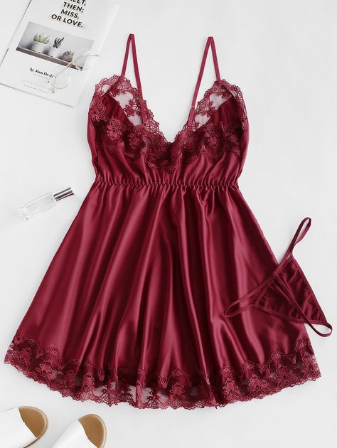 Lace Insert Satin Lingerie Babydoll  RED WINE , #AFFILIATE, #Satin, #Insert, #Lace, #Lingerie, #WINE #Ad Mesh Panel Dress, Lingerie Babydoll, Mode Turban, Sleepwear Fashion, Cute Sleepwear, Satin Lingerie, Cute Lingerie, Lingerie Outfits, Babydoll Lingerie