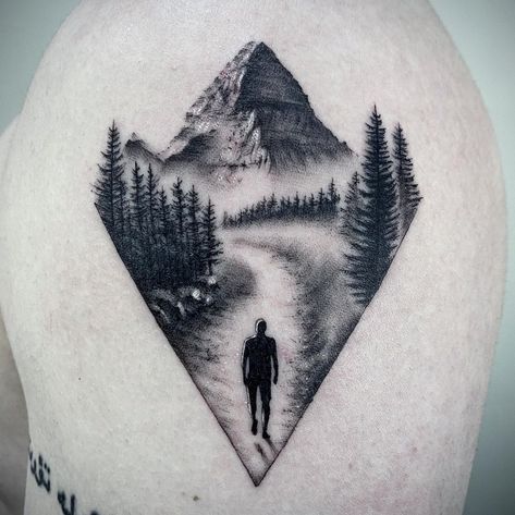 Canadian rocky mountain and boreal forest. . This one will be the last tattoo before the temporary closure comes in an effect. .… Mountain Tattoo Back Of Neck, Small Scenery Tattoo, Mountain Path Tattoo, Scenery Tattoos For Men, Mountain Tattoo Chest, Triangle Nature Tattoo, Path Tattoo Design, Path Of Life Tattoo, Life Path Tattoo