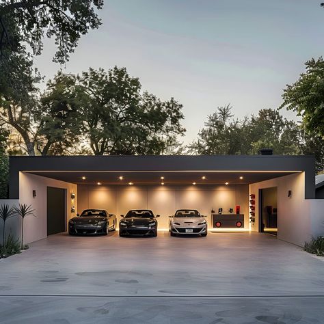 Discover this sleek, modern garage at dusk featuring three parked cars and minimalist design. With a black roof, white walls, and warm interior lighting, this urban space includes a kitchenette and trees nearby, creating a stylish yet functional carport. Modern Two Car Garage, High End Garage Design, Big Garage With Cars, Garage And Office Combo, Black Garage Exterior, Aesthetic Garage Interior, Parking Car Design, Rich Garage, Modern Garage Design Interior