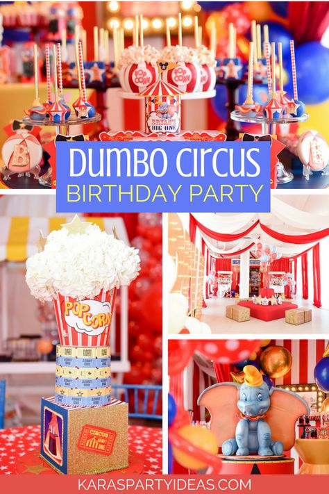 Disney Circus Birthday Party, Dumbo 1st Birthday Party Boy, Dumbo Centerpieces, Dumbo Baby Shower Theme, Carnival Party Foods, Circus Birthday Party Decorations, Vintage Circus Birthday Party, Dumbo Birthday Party, Dumbo Birthday