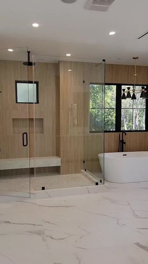 Wood Slat Tile Bathroom, Large Tile Bathroom Floor, Textured Tile Bathroom, Moody Half Bathroom, Wood Tile Shower Ideas, Kenridge Ribbon, Wood Look Tile Bathroom, Wood Tile Shower, Bath Top