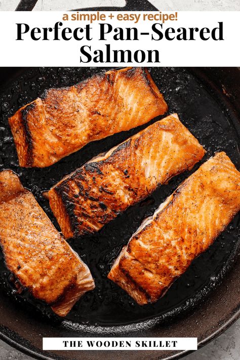 Pan Seared Salmon - Our Pan Seared Salmon recipe is so easy and makes for a healthy and delicious weeknight dinner! Enjoy any way you want! #pansearedsalmon #pansearedsalmonrecipes #pansearedsalmonwithskin #pansearedsalmonrecipeseasy Salmon Recipes In Pan, Best Pan Seared Salmon, Pan Grilled Salmon Recipes, Pan Salmon Recipes Easy, Pan Grilled Salmon, Easy Salmon Recipes Pan Seared, Fry Salmon Recipes Pan, Salmon In Pan, Pan Fry Salmon With Skin