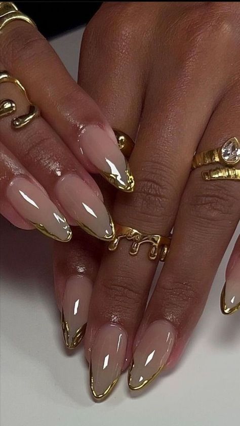 ౨ৎ gold nails, acrylics, almond nails, fall nails Acrylic Overlay Nails Design Almond, Simple Nail Coffin, Chrome With Design Nails, Xs Almond Nails Design, Nail Chrome Ideas, Dope Nail Designs Almond Short, Square Trendy Nails, Crome Nails Designs Square, Almond Nails Minimalist