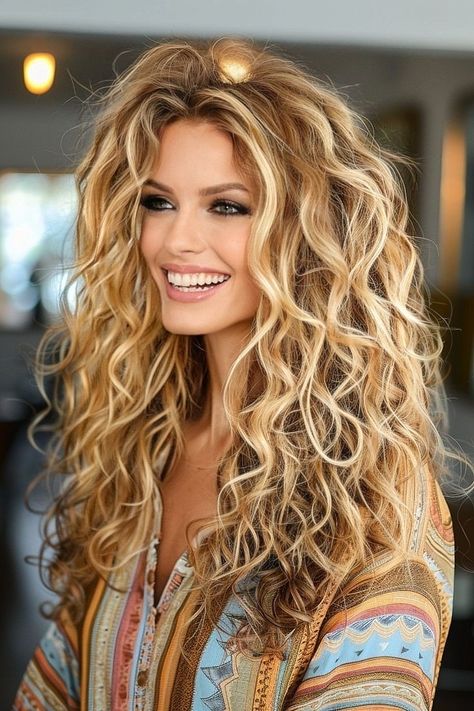 Dimensional Blonde Natural Curly Hair, Perm On Blonde Hair, Large Spiral Perm, Curly Haircut And Color, Long Layers Curly Hair Face Framing, Body Waves Long Hair, Lainey Wilson Hairstyles, Blonde And Brunette Highlights, Long Blonde Hair With Layers Wavy