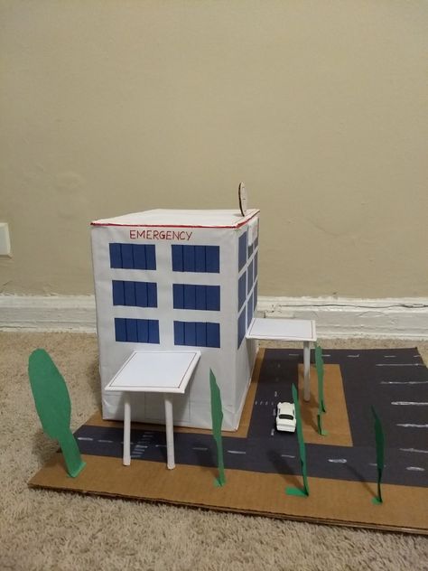 School Project - Building a Hospital model Hospital Model For School Project, City Model For School Project, Paper Hospital, Hospital Model, Community Project Ideas, Farm Animals Preschool, Kindergarten Projects, Cardboard Box Crafts, Toddler Arts And Crafts