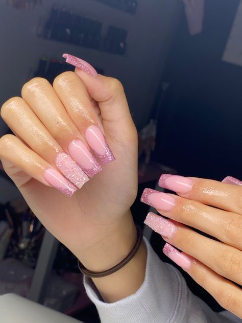 Pink Nail Designs Ballerina, Sparkly Valentines Nails Pink Glitter, Pink Nails With Glitter And Rhinestones, Pink Nails W Glitter, Pink Sparkly Ombre Nails, Sparkly Pink Valentines Nails, Baddie Nails Acrylic Pink Glitter, Pink Ombré Glitter Nails, Pink Glittery Nails Sparkle