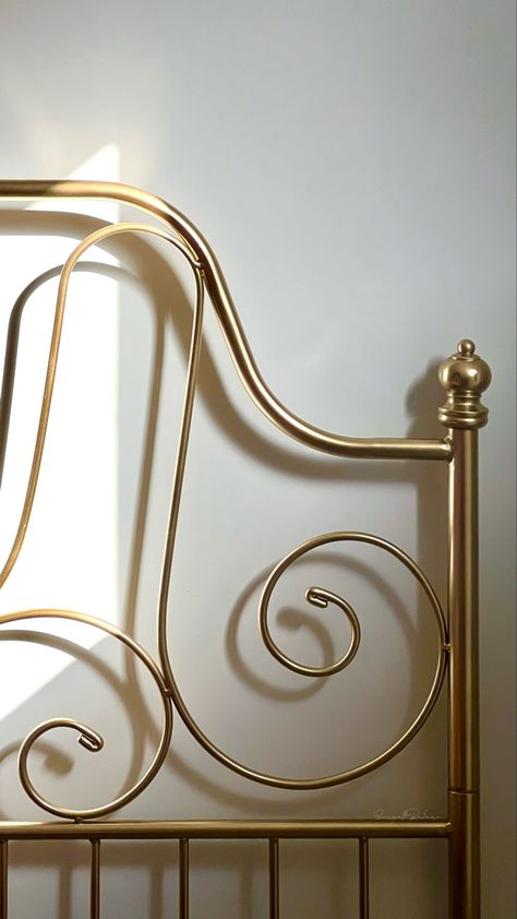 Vintage Gold Bed, Gold Brass Bed Frame, Gold Queen Size Bed Frame, Brass Bedframe Bedroom Ideas, Golden Metal Bed Frame, Ikea Bed Leirvik, Gold Bed Frame Aesthetic, Golden Bed Frame, Gold Bed Frames