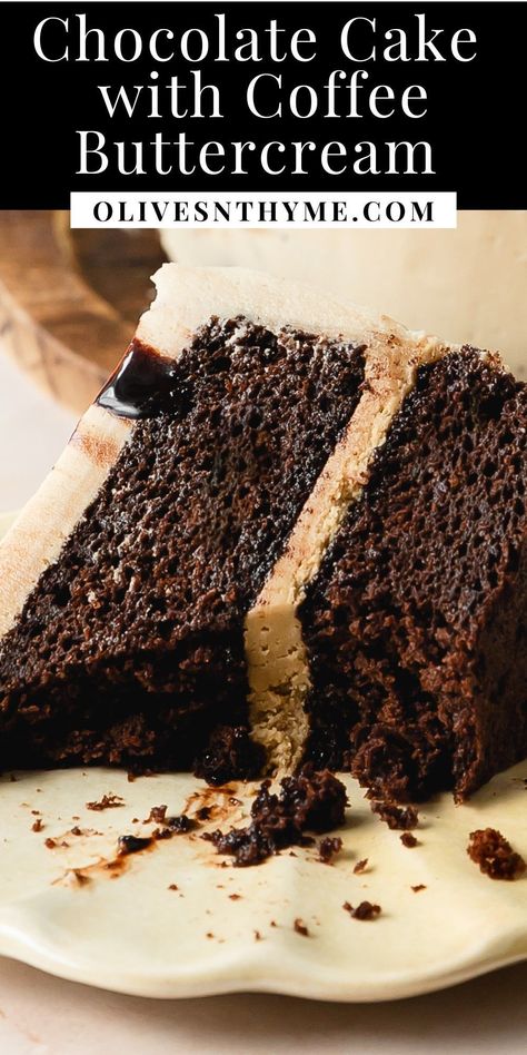 Chocolate coffee cake is a moist espresso chocolate cake infused with a sweet simple coffee syrup, layered with a creamy coffee buttercream. Drizzle the top of this layered coffee cake with extra coffee syrup for even more coffee flavor. Coffee Cake Brownies, Coffee Simple Syrup For Cake, Chocolate Coffee Flavored Cake, Coffee Liqueur Cake, Simple Syrup For Chocolate Cake, Chocolate Coffee Sheet Cake, Moist Chocolate Coffee Cake, Moist Chocolate Cake With Coffee, Mocha Espresso Cake