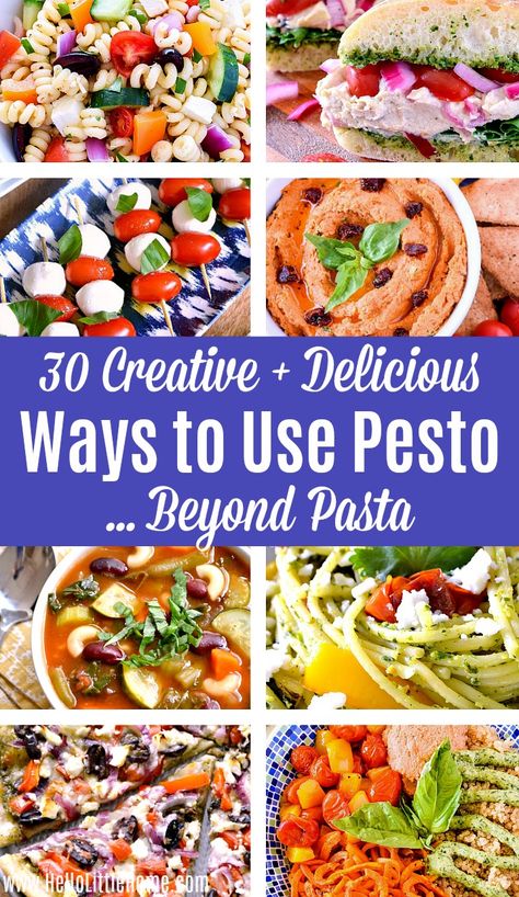 Wondering how to use Pesto Sauce? Learn how to make Pesto get over 30 Pesto Recipe Ideas that go beyond pasta! Tons of ideas for cooking with Pesto: appetizers, soups, salads, main dishes, and more! Your whole family will love these healthy, vegetarian friendly recipes using Pesto. Find ways to use Pesto for breakfast, lunch, dinner, and beyond! | Hello Little Home #pesto #pestorecipe #pestosauce #vegetarian #vegetarianfood #vegetarianrecipes #plantbased #plantbasedrecipes #basil #basilpesto Pesto Recipes Healthy, Ways To Use Pesto, Pistou Recipe, Recipes Using Pesto, Pesto Appetizers, Pesto Uses, Pesto Dishes, Ideas For Cooking, Pesto Sauce Recipe