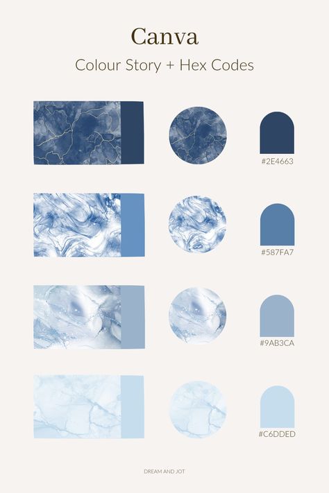 A light beige background and 4 photos of blue marble ink in varying shades with a colour pulled from each and their coinciding hex codes beside the images. Canva Colour Palettes, Marble Color Palette, Marble Branding, Wedding Palette Blue, Types Of Blue Colour, Colour Palette Blue, Instagram Branding Design, Gfx Design, Pantone Colour Palettes