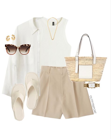 Classy Style Summer Outfits, White Big Shirt Outfit, Beige Top Outfit Summer, Summer London Outfits Street Style, Tailored Shorts Outfit Summer, White Tailored Shorts Outfit, Beige Shorts Outfit Summer, How To Style White Shorts, White Shirt And Shorts Outfit