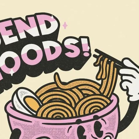 LUVEW | Design Studio on Instagram: "I could live off eating noodles everyday. 🍜 #graphicdesign #graphidesigner #noodles #noodlesoup #characterdesign #30sstylecartoons #characterinspiration #oldschool #characterdesignmotivation #vectorart #vectorillustration #vintagedesign #cartoons #cartoonbrew #rubberhosestyle #illustartion #illistrator" Noodle Character Design, Ramen Cartoon, Noodle Illustration, Noodles Illustration, Noodle Design, Illustrations Ideas, Eating Noodles, Retro Style Art, Design Motivation